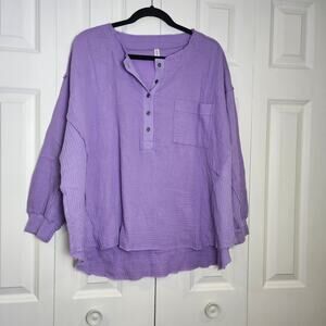 Zenana Lavender Waffle Knit Gauzy Long Sleeve L/XL Oversized Top